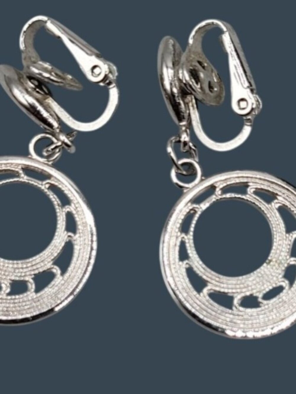 Vintage Crown Trifari Dangle Hoops Clip On Earrings Open Metal Work Silver Tone